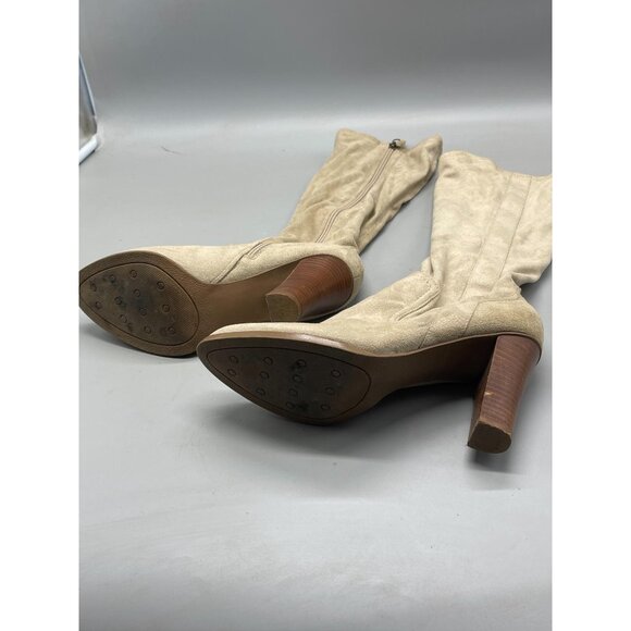 faux suede mid calf high heel boot 3 1/2" heel size 7 leg zips light brown READ - Picture 5 of 9